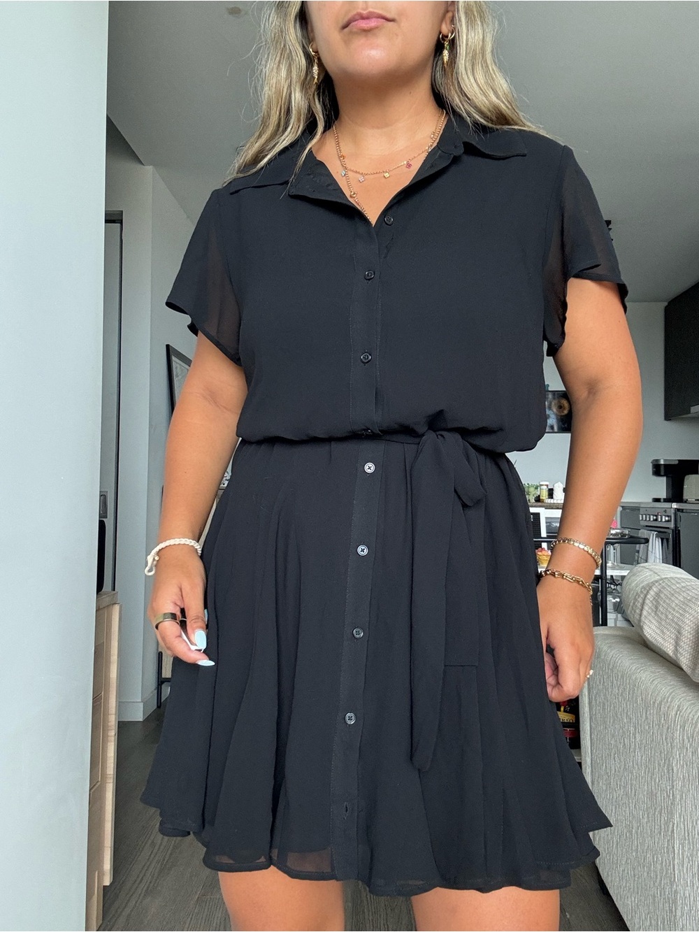 Dynamite Black Button-Front Short Sleeve Mini Dress with Tie Waist